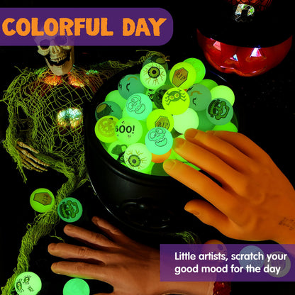 JOYIN 100 PCS Halloween Glow in The Dark Bouncing Balls, 20 Designs Halloween Theme Glowing Bouncy Balls for Halloween Party Supplies, Party Favors, Trick or Treating Goodies