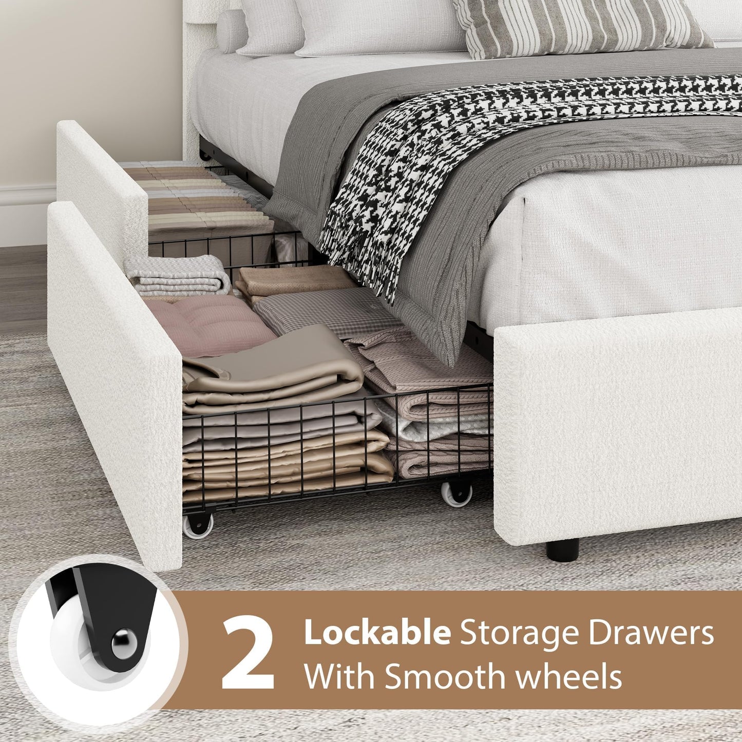 PeacefulHues Full Size Bed Frame with Storage Drawers, Upholstered Boucle Platform Bed with Round Headboard, No Box Spring Need, Sturdy Metal Slats Support, Easy Assembly, White