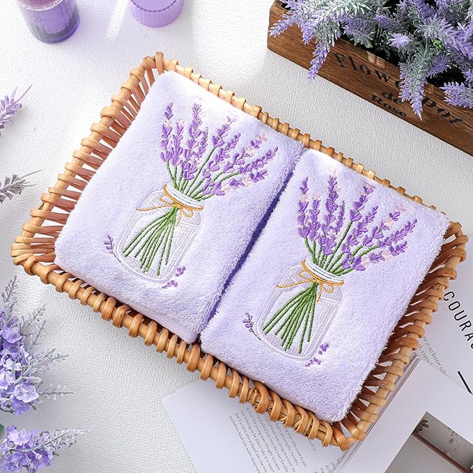 2 Pcs Lavender Hand Towels Purple Bathroom Decor 14x29 Inch Embroidered 100%