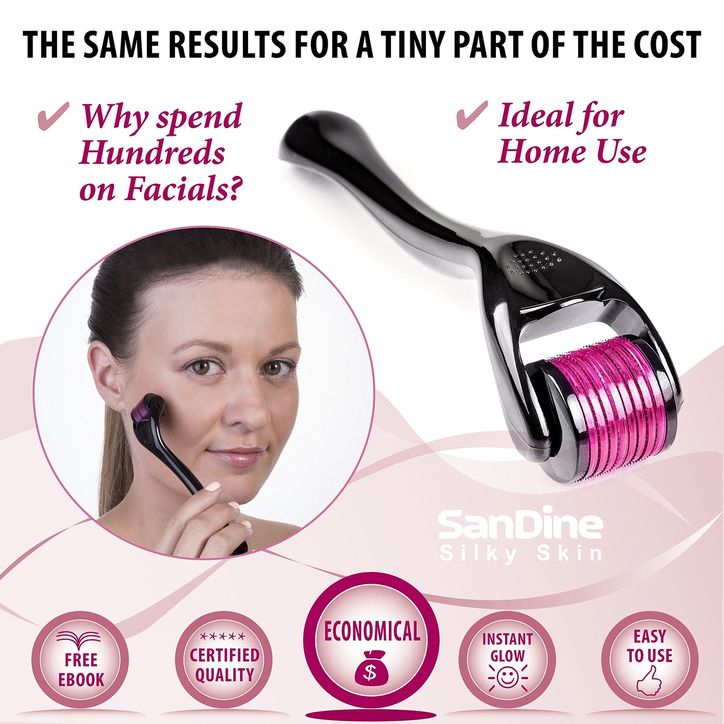 Microneedle Derma Roller - 540 Micro Needle Skin Care System - Ideal to Keep Your Skin Young and Radiant - Titanium for Silky Smooth and Beautiful Skin - Includes FREE E-Book -By Sandine (0.3mm)