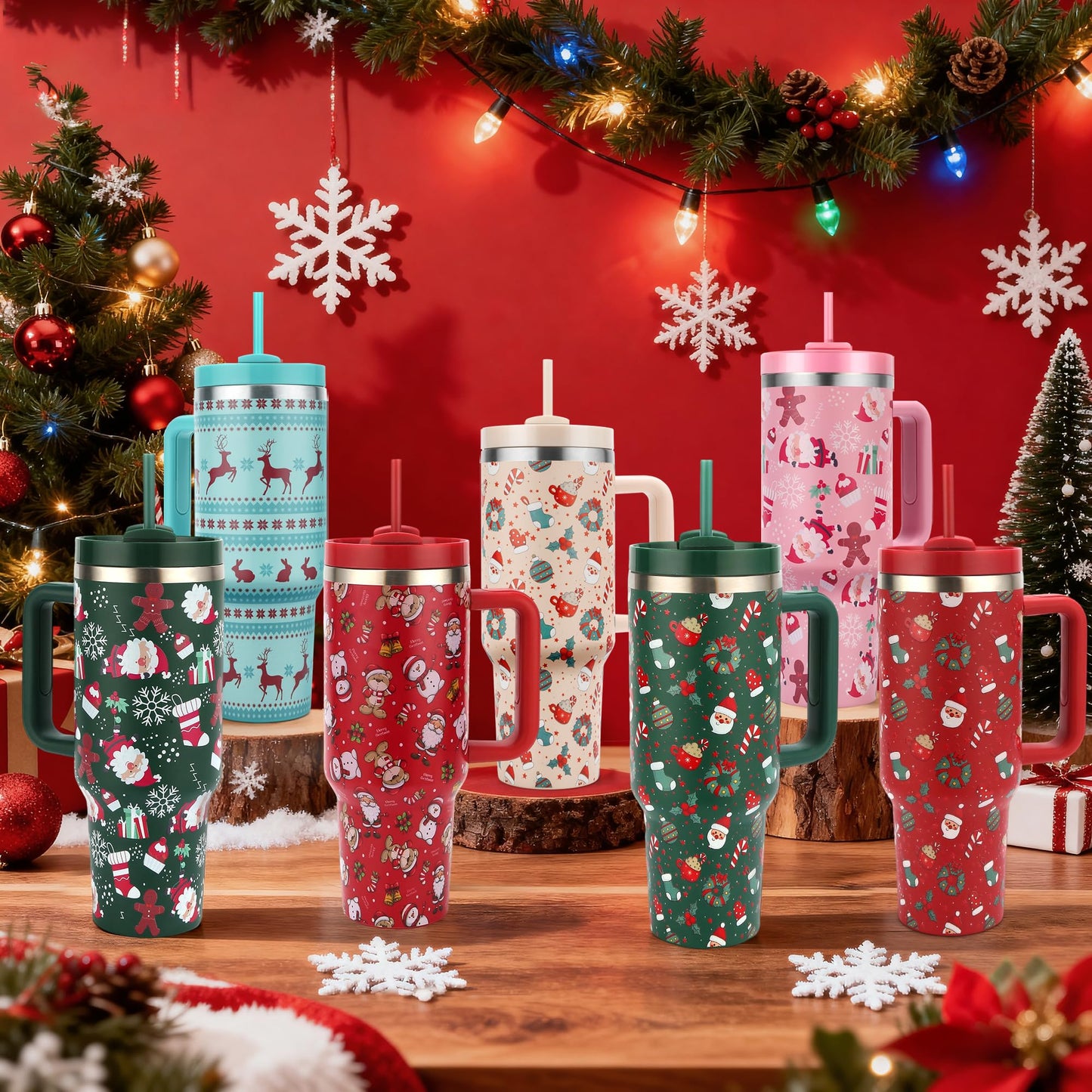 TaroKitc Christmas Gifts for Women Men, 40 oz Christmas Tumbler with Handle and Straw Lid, Xmas Insulated Stainless Steel Travel Coffee Mug, Cup Holder Friendly, Pink Santa and Gingerbread Man