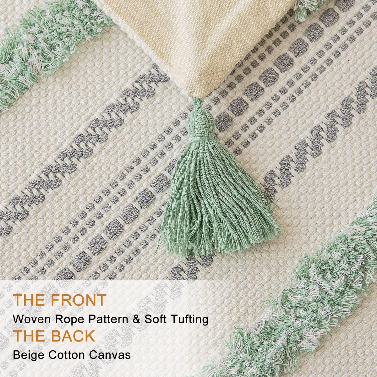 Boho Throw Pillow Covers 20x20 Set of 2 Woven Tufted Farmhouse Pillows Cover with Tassels Textured Striped Cushion Case Neutral Pillow Cases Decorative Pillowcase for Sofa, Couch, Bed, Light Green