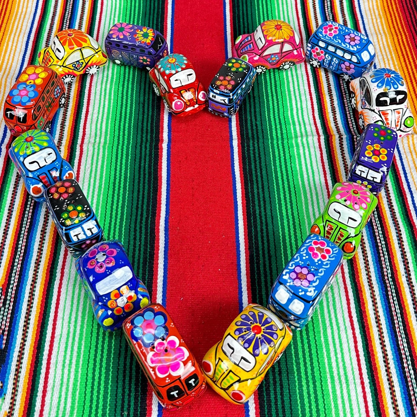 FFX Artesania Mexican Salt Shaker - Retro 60's Hippie Artisan Car and Mini Bus Design - Carrito y Autobus - Handcrafted Saleros de Ceramica Carro y Camion Set - Vibrant Colors Hand Made
