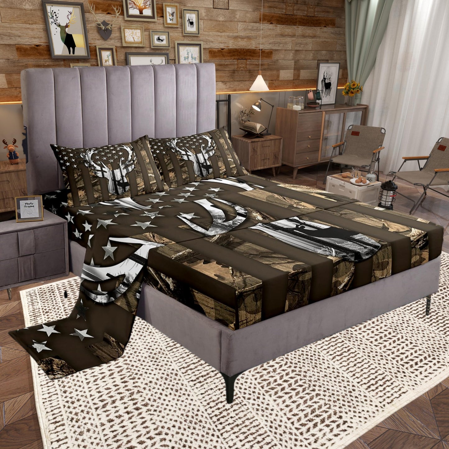 Camouflage USA Flag Fitted Sheet Set Full Size 4pcs,Brown Camo and Deer Antlers Trees Silhouette Bedding Set(1 Fitted,1 Flat,2 Pillowcases),American Flag Luxury Deep Pocket Bed Sheets for Girls Teen