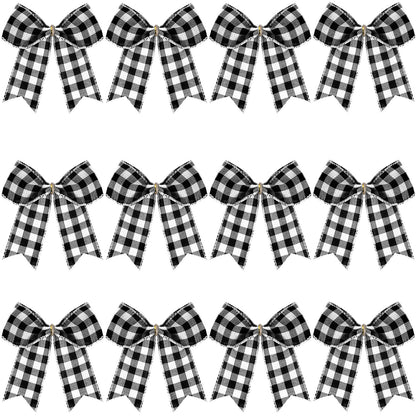 WILLBOND 12 Pieces Buffalo Plaid Bows Burlap Decorative Velvet Bows for Wreaths for Gift Wrap Christmas Party Decoration(Black and White,6 x 6 Inch)