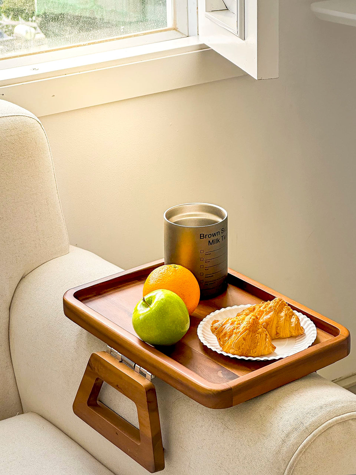 Tinamo 13.75" x 9.5" Acacia Couch Arm Table, Wooden Sofa Arm Tray, Armrest Table for Couch Wooden Sofa Armrest Tray, Clip-on Tray for Wide Couch - Side Table for Eating & Drink, Snack, Phone, Remote