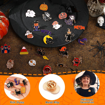 SANNIX 60Pcs Halloween Pins, Halloween Enamel Lapel Pins Assorted Pumpkin Ghost Bat Spider Skeleton Brooch Pins for Clothes Bags Hats Accessories, 30 Styles