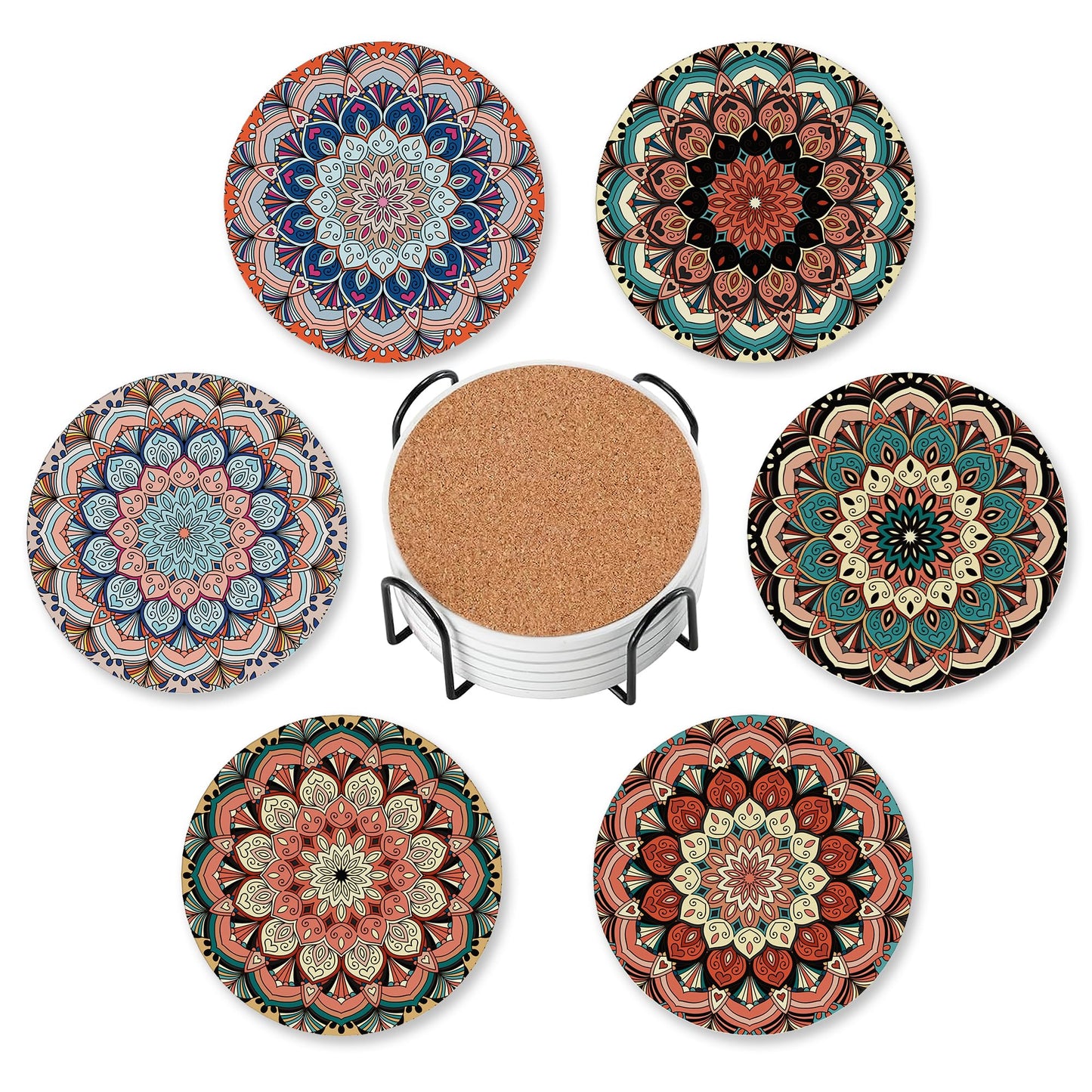 Drink Coasters for Drinks Set of 6,Mandala Absorbent Round Ceramic Stone Mat Coaster,with Cork Base and Metal Holder, Home Bar Decor House Warming Gift