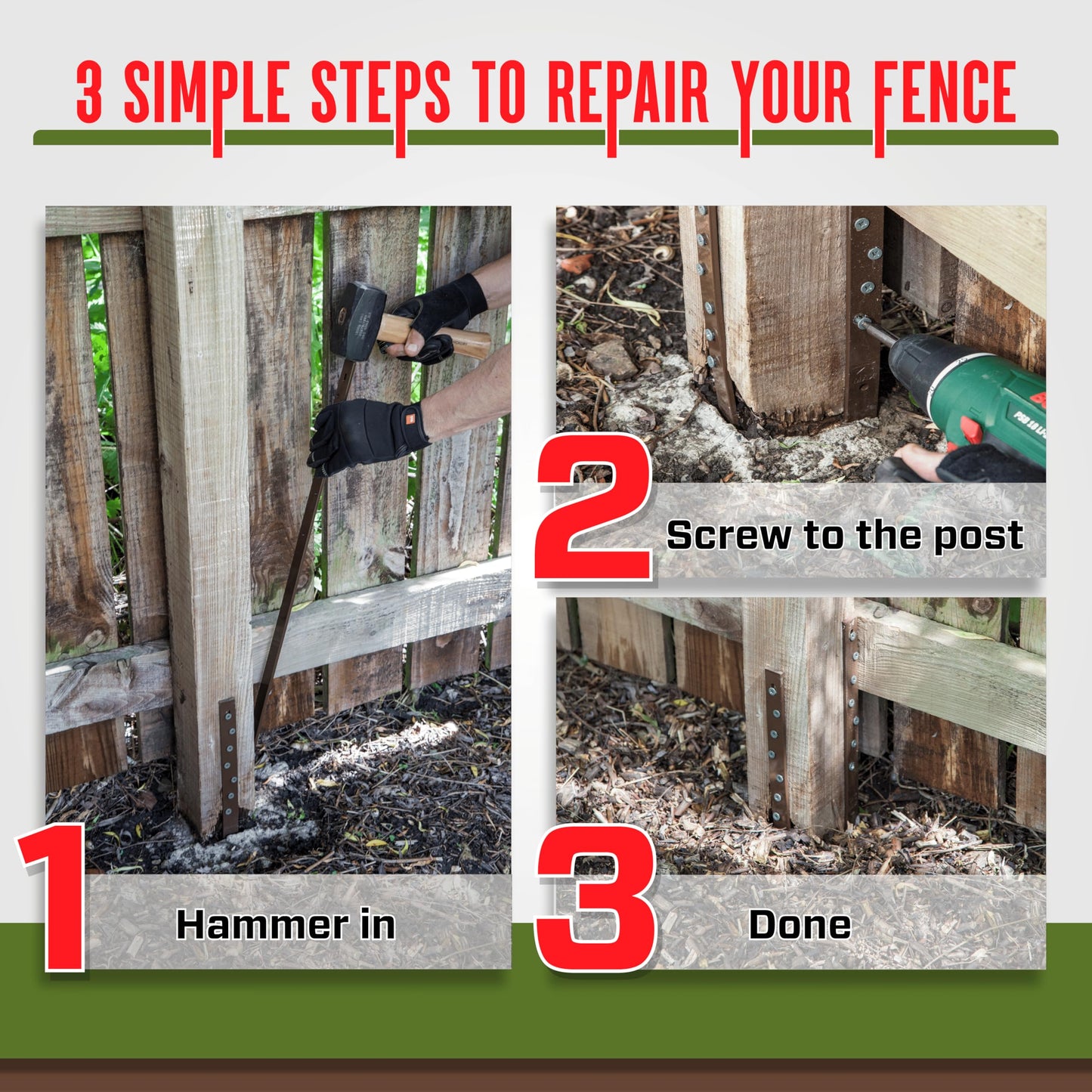 Post Buddy Pack of 2 Easy Fence Post Repair Kit (to Fix 1 Broken Wood Post), Quick and Simple to Install, Effective, Durable Steel Stakes