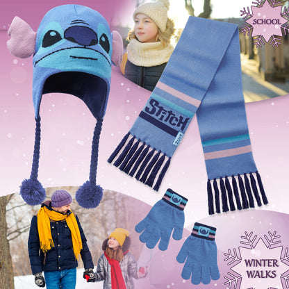 Disney Stitch Girls Beanie Scarf Teenagers Kids Gloves Winter Accessories School Travel Stitch Gifts, Choose from Sets (Blue Stitch 3 Pcs)