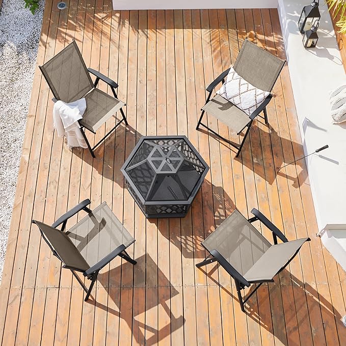 Yaheetech Outdoor Patio Chairs Set of 4, Portable Dining Chairs with Armrests for Camping, Lawn Yard Beach, Folding Outdoor Chairs 4-Pack with Metal Frame, Brown