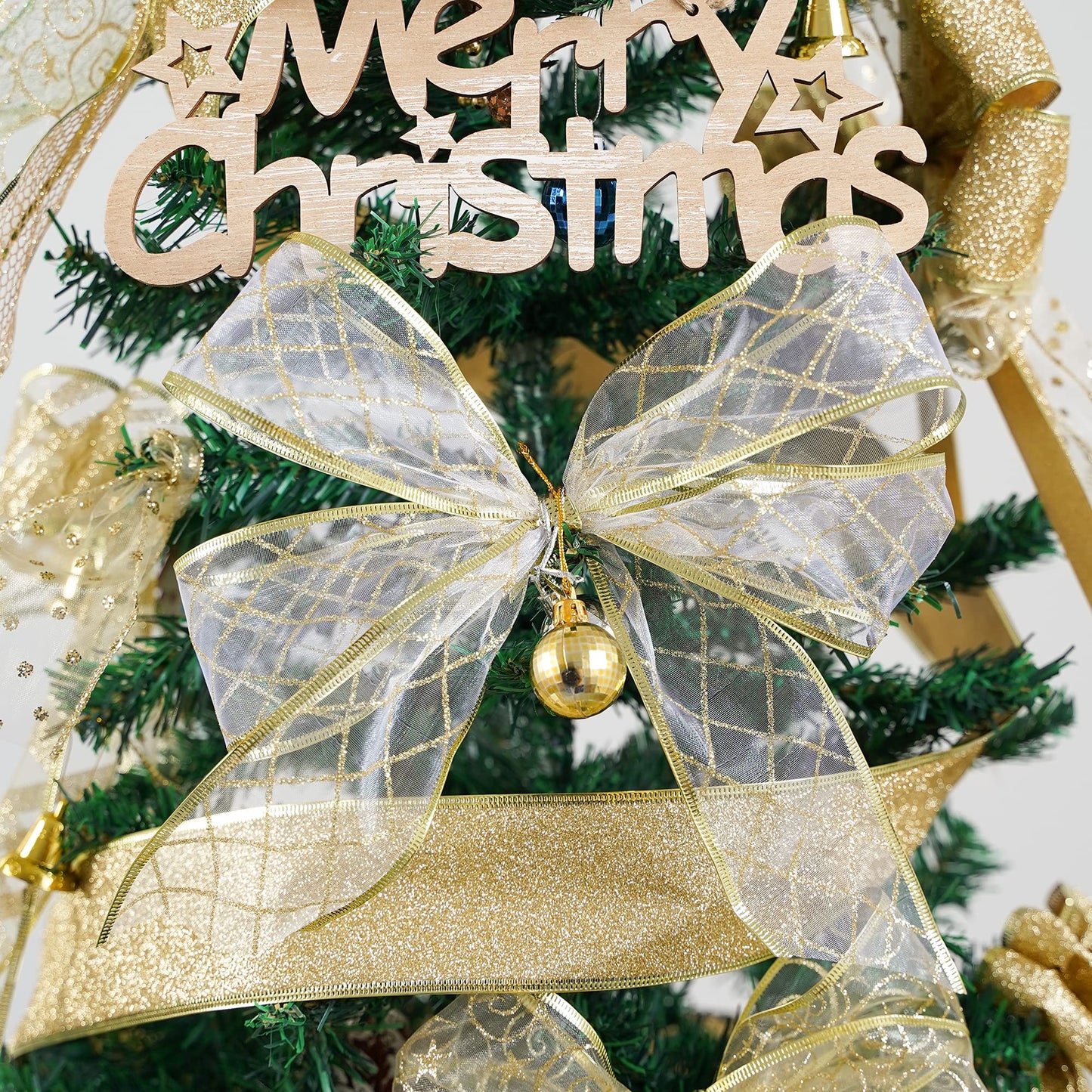 MEEDEE Gold and White Ribbon for Christmas Trees - 2.5 Inch, 6 Rolls, 36 Yards - Gold Wire Mesh Ribbon for Wreaths and Tree Decoration
