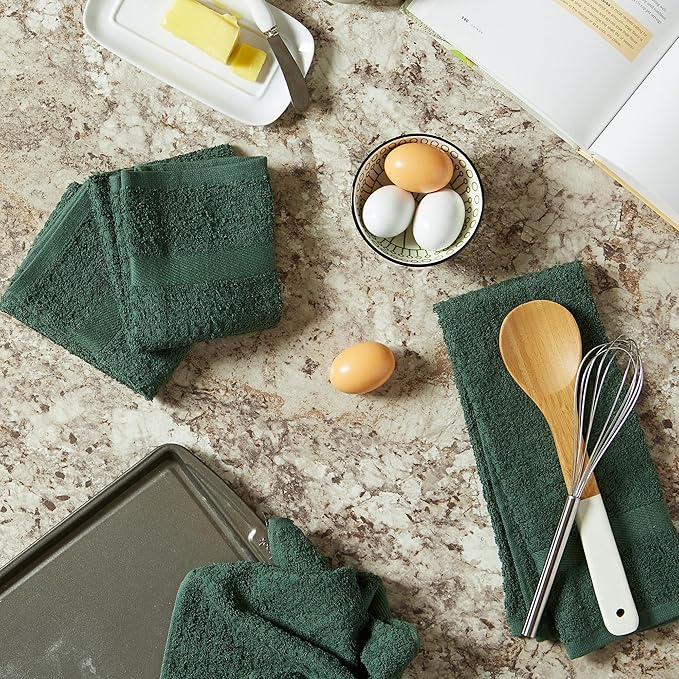 DII Basic Terry Collection Waffle Dishtowel Set, Solid Dark Green, 4 Piece
