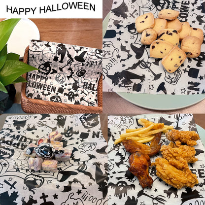 Suiwen 100pcs Halloween Wax Paper Sheet, Food Picnic Printed with Ghost, Spider, Pumpkin and Spiderweb, Greaseproof, Waterproof Dry Hamburger Liners Wrapping Tissue (Black)