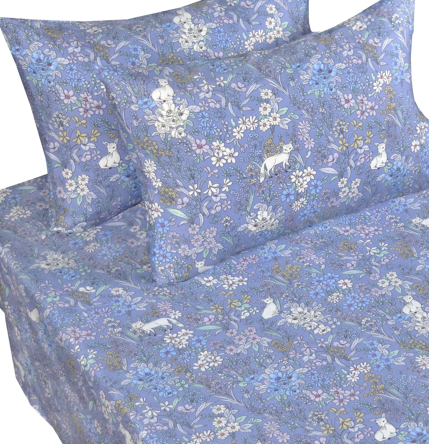 J-pinno Fox Deer Woods Flowers Forest Animals Full Sheet Set Girls Kids Teens Bed Bedroom Decoration Gift, 100% Cotton, Flat Sheet + Fitted Sheet + Pillowcase Bedding Set (36, Full)