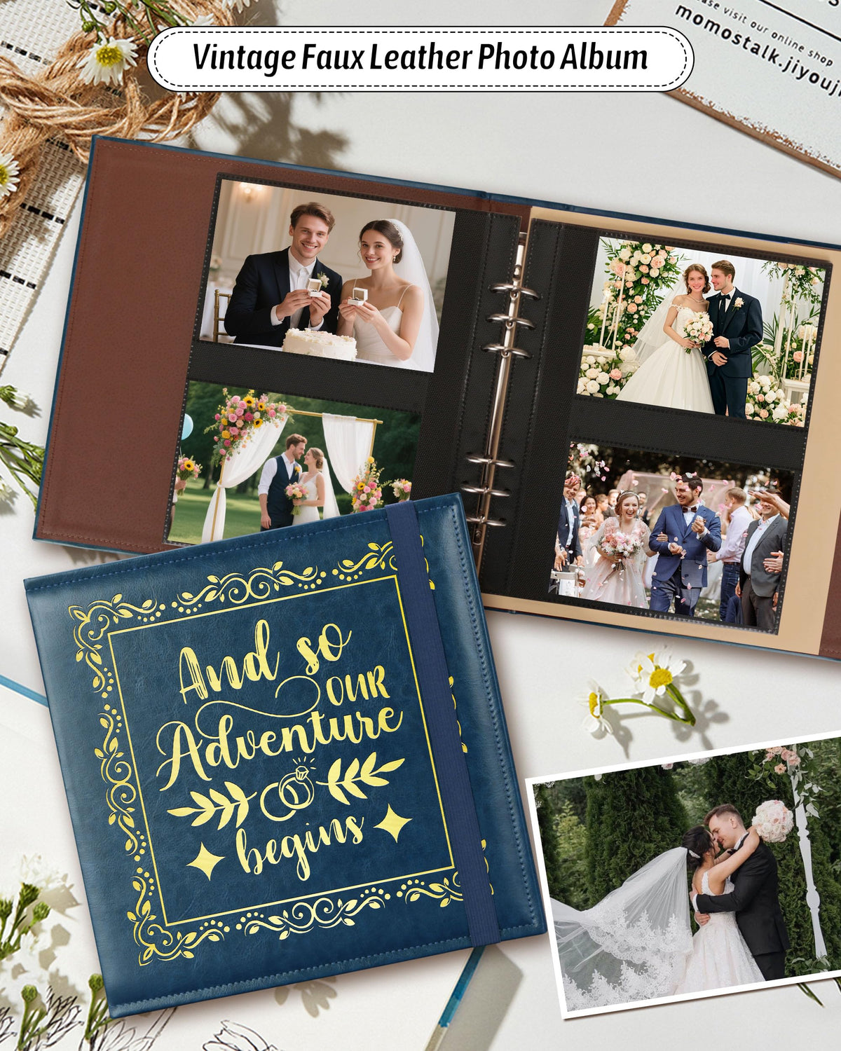 4x6 Wedding Photo Album Holds 100 Photos & 20 Acid-Free Writing Sheets, Leather Scrapbook And So Our Adventure Begins, Romantic Memory Book for Couples, Bride & Groom Wedding Gift (Blue)