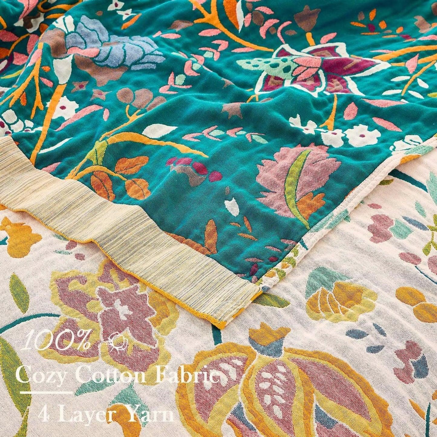 XIBLC Boho Throw Blanket for Bed, 100% Cotton Soft Rustic Quilt Fall Blanket, 60"x80" Floral Printed Farmhouse Decor Bed Blankets, All Season Rustic Reversible Bohemian Throw Quilt