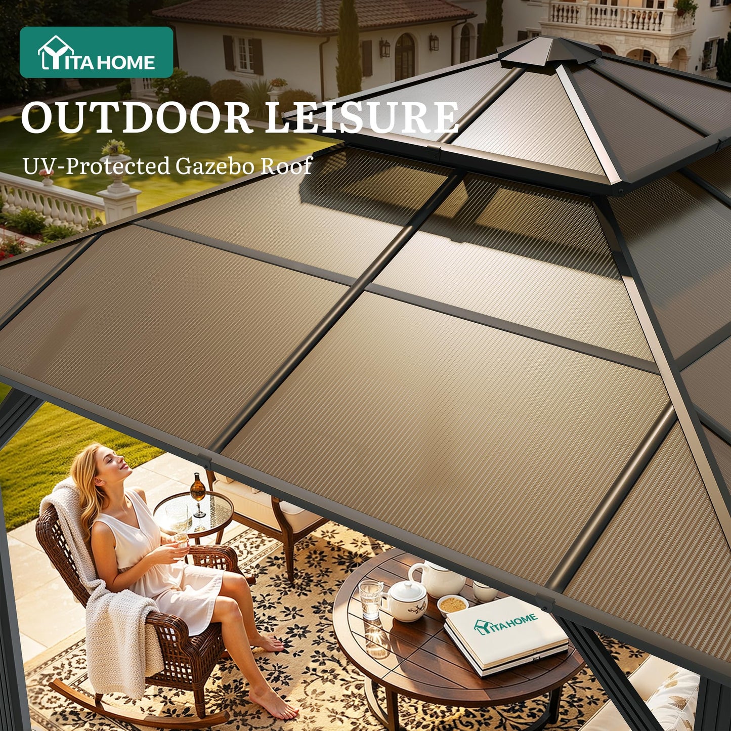 YITAHOME 10x10FT Gazebo Hard-Top Double Roof Canopy Outdoor with Netting and Shaded Curtains, Metal Frame Polycarbonate Hardtop Garden Tent for Patio, Backyard, Deck and Lawns, Brown