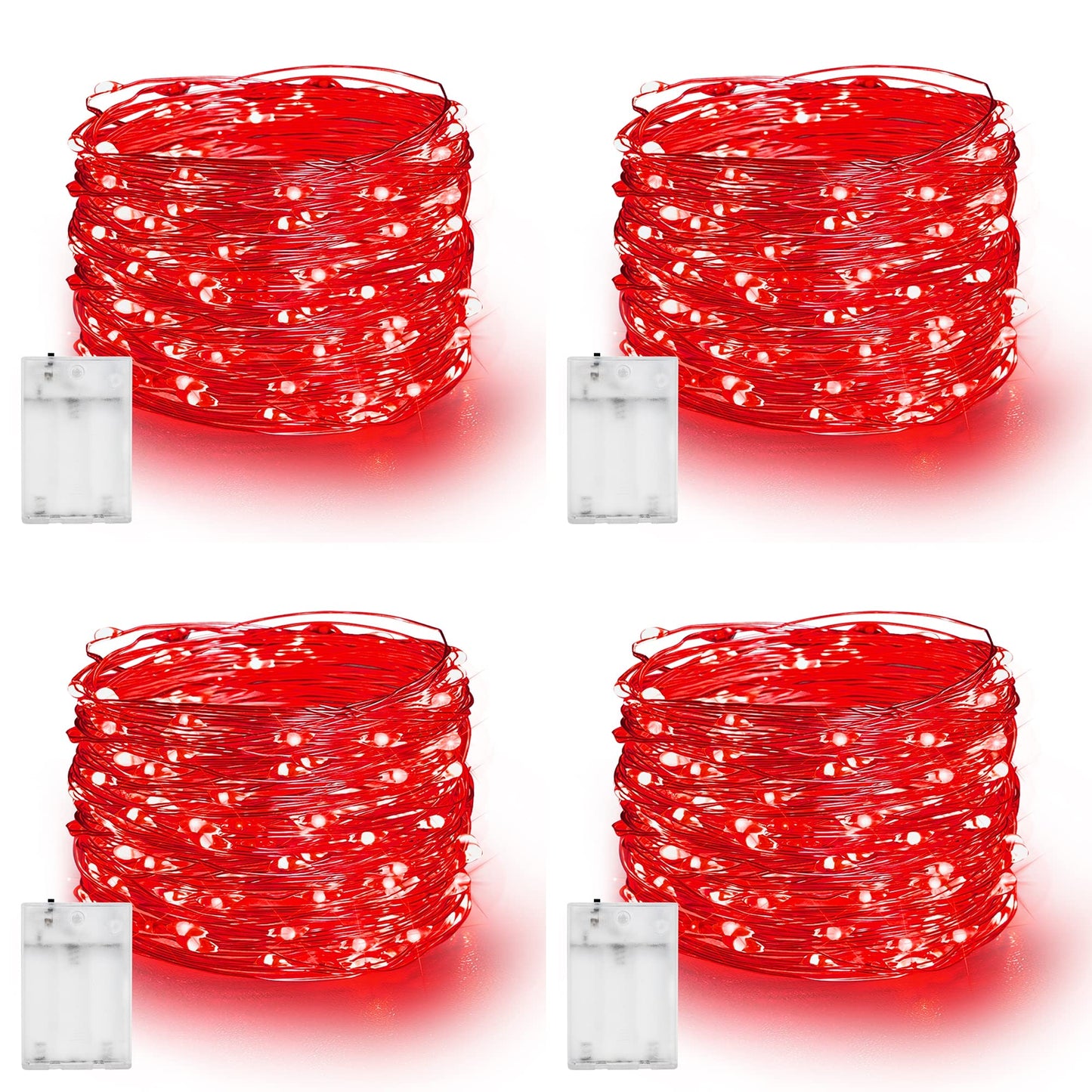 Dazzle Bright Fairy Lights Battery Operated, 4 Pack Total 80FT 240LED Silver Wire Waterproof Battery Operated String Lights, Christmas Decorations for Indoor Outdoor Bedroom Yard Decor, Red