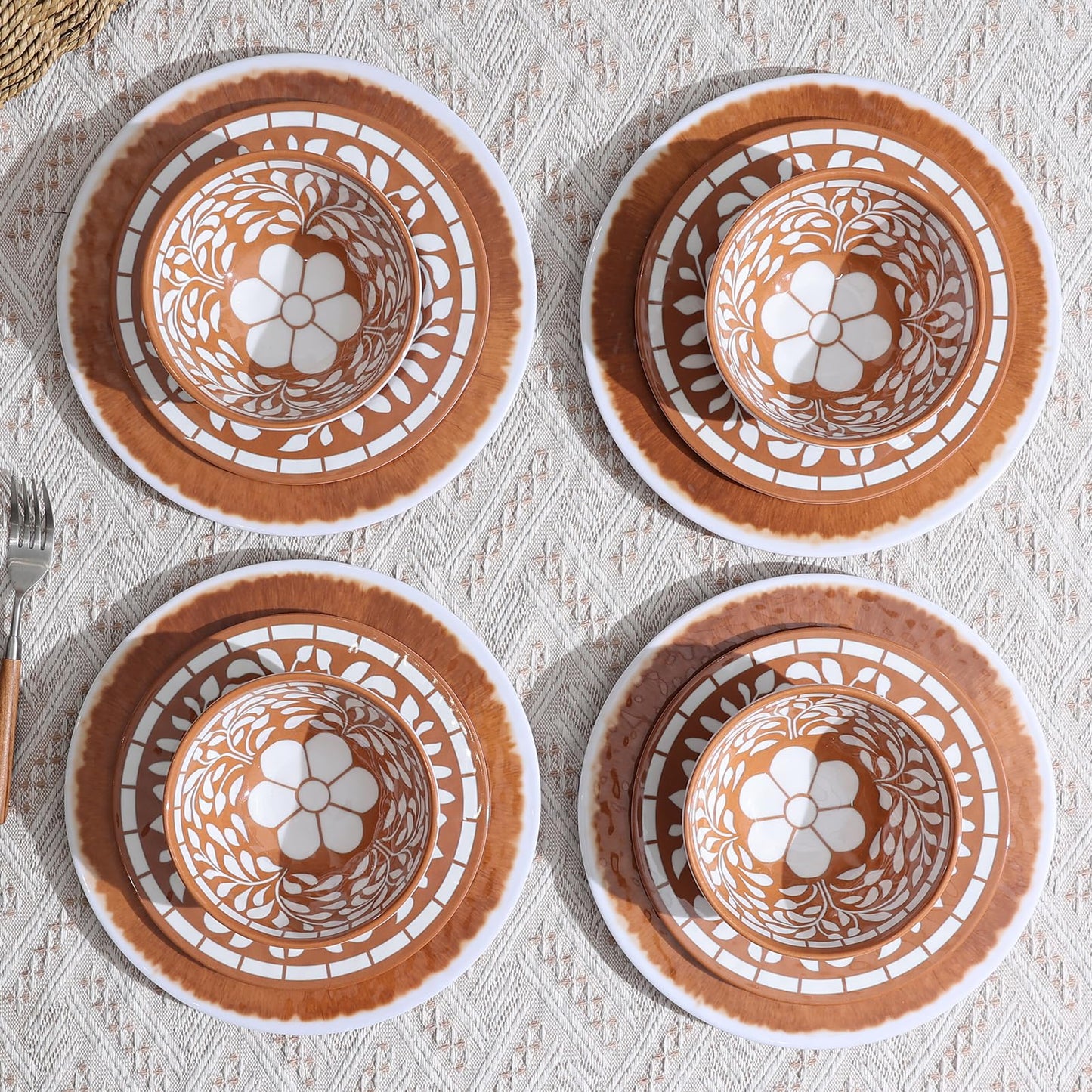 Yinshine Melamine Plates and Bowls Set, 12-Piece Melamine Dinnerware Set, Dinner Serving Dishes Set for 4, Unbreakable, Brown-Yellow