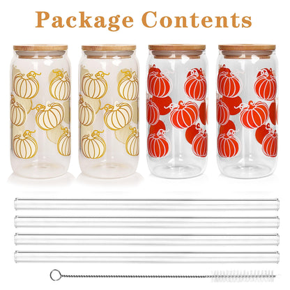 ANOTION Cute Iced Coffee Glass Cups, 18oz Pumpkin Tumbler Set - 4 Packs Fall Mug with Lids and Straws - Fall Wedding Gifts, Thanksgiving Decor, Family Gifts