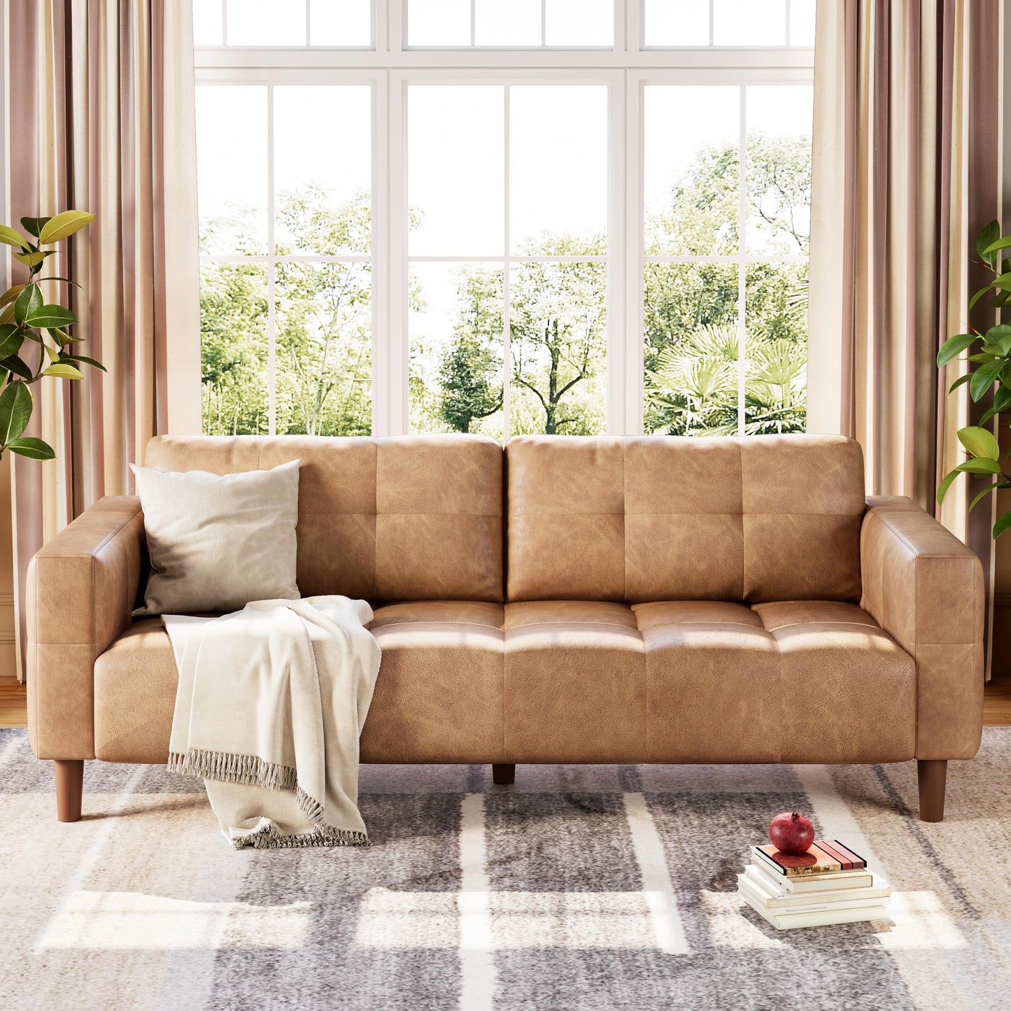 GarveeHome 3-Seater Sofa Couch, 83 in Wide Faux Leather Sofa Couch with Spring Cushion, Modern Sofa with Deep Seats and 2 Removable Back Cushions, for Living Room, Bedroom, Apartment, Office, Brown