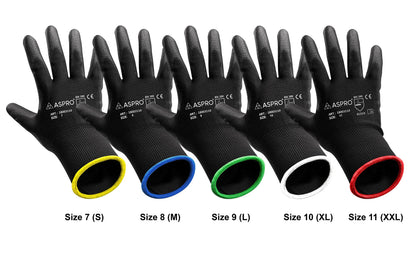 ASPRO 20 Pairs Work and Gardening Gloves - Black Nylon PU Coated Workwear Gloves for Builder, Gardener, Mechanic, Construction, Warehouse etc Size 9 (L)