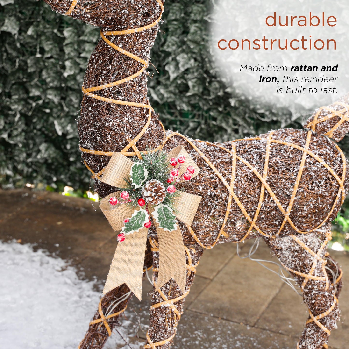 Alpine Corporation 48" Tall Outdoor Rattan Twig Grazing Reindeer Christmas Yard Decor with 80 Warm White LED Lights, Brown