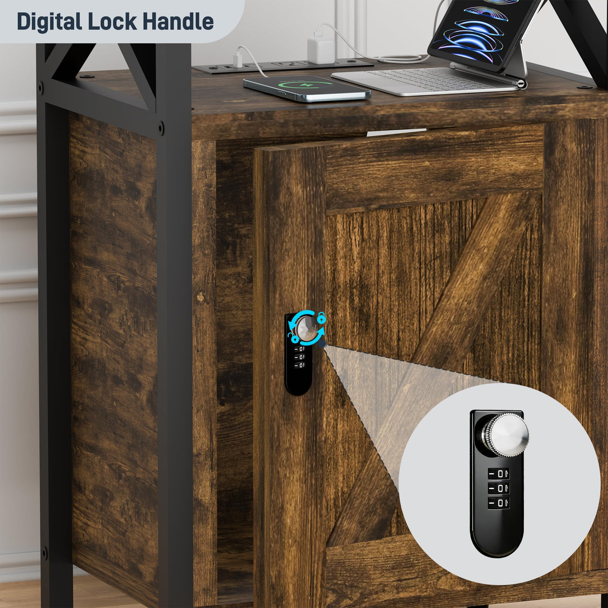 runjuly Wooden Nightstand with Lock, Bedside Table with Drawer, Bed Side Table with Charging Station, 3 USB & 2 Outlets, Night Stand with Storage Cabinet, End Table for Bedroom, Brown