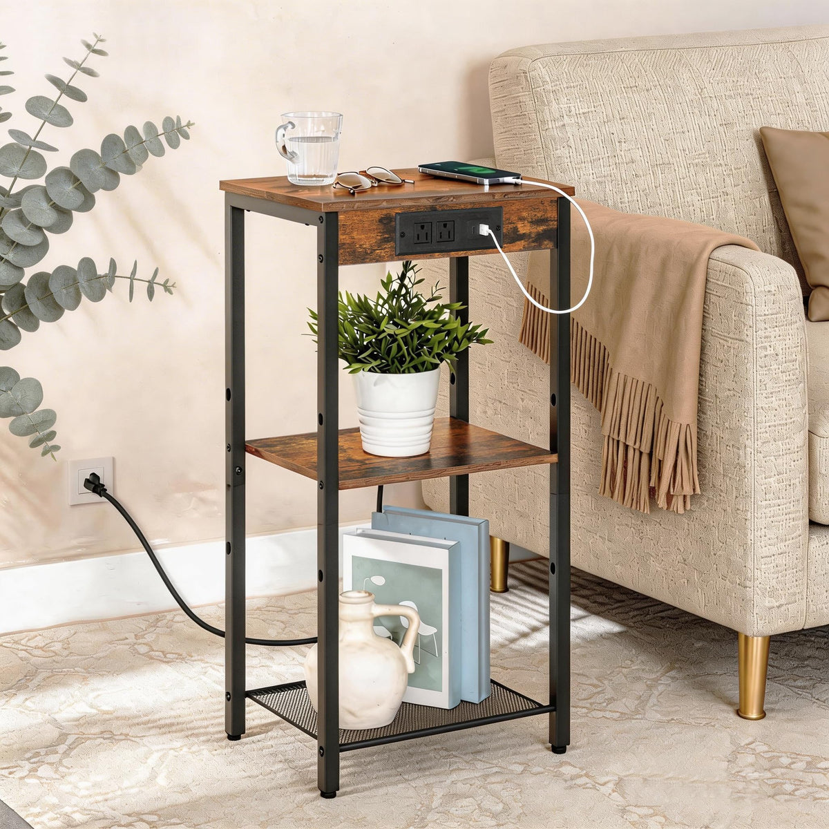 HOOBRO Tall End Table with Charging Station, 30 Inch Slim Tall Nightstand, 3-Tier Narrow Side Table with Adjustable Shelf, for Living Room, Bedroom, Small Space, Hallway, Rustic Brown BF09UDH01G1