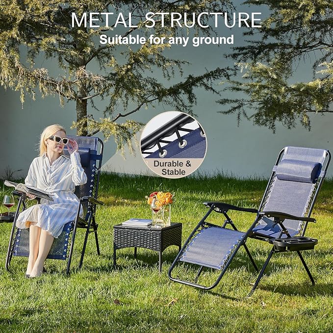 Sweetcrispy Zero Gravity Chairs, Set of 2 Portable Recliner Beach Camping Patio Outdoor Folding Lounge Chair with Cup Holder Trays and Adjustable Pillow for Poolside, Garden, Backyard, Lawn (Blue)