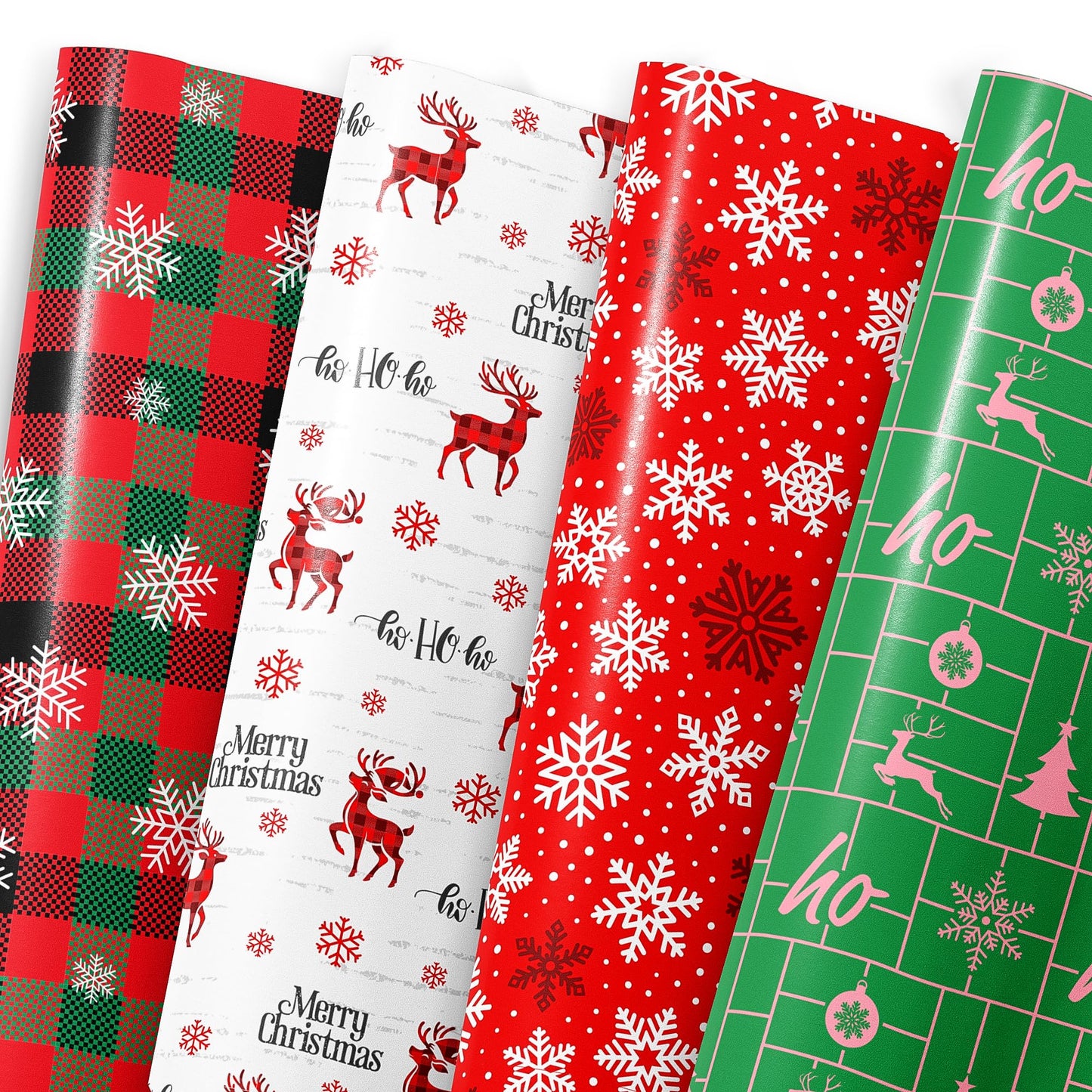 MotiGiftie Christmas Wrapping Paper for Kids Adults - Xmas Wrapping Paper with Red/Green Plaid, Reindeer, Snowflakes, “Ho Ho” Xmas Trees - 20 x 28 Inches, 8 Folded Sheets, Easy to Store