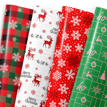 MotiGiftie Christmas Wrapping Paper for Kids Adults - Xmas Wrapping Paper with Red/Green Plaid, Reindeer, Snowflakes, “Ho Ho” Xmas Trees - 20 x 28 Inches, 8 Folded Sheets, Easy to Store