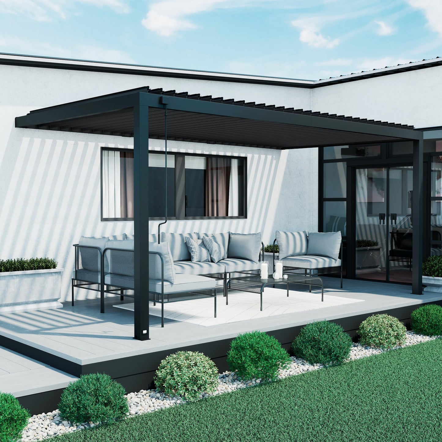 Backyard Discovery Evanston 18'x10' Galvanized Steel Wall-Mounted Louvered Pergola Kit with Adjustable Roof, Shade, Rain Protection, High-Wind Rating, PowerPort, Gutter System for Outdoor Patio, Deck