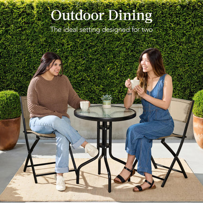 Best Choice Products 3-Piece Patio Bistro Dining Furniture Set w/Textured Glass Tabletop, 2 Steel Folding Chairs, Polyester Fabric - Beige