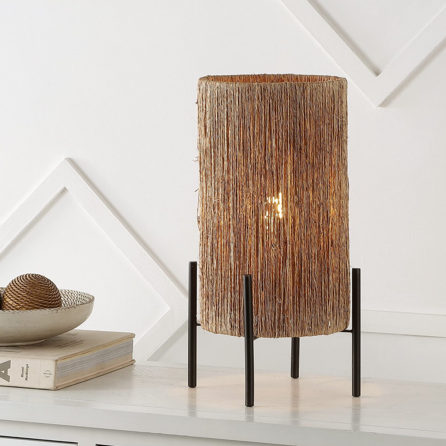 JONATHAN Y 16.5" Brown Woven Rattan LED Table Lamp, Coastal Minimalist Cylinder Accent Light for Living Room, Bedroom, Nightstand, Bohemian Style, LED Bulb Included JYL4043A