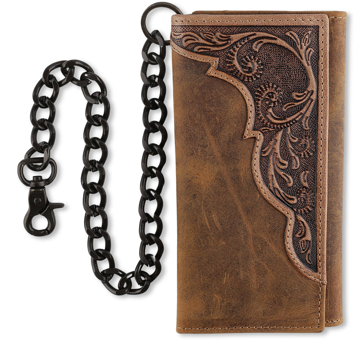 F&L CLASSIC RFID Blocking Mens Tri-fold Long Style Cowhide Leather Steel Chain Wallet,brown western,212-83