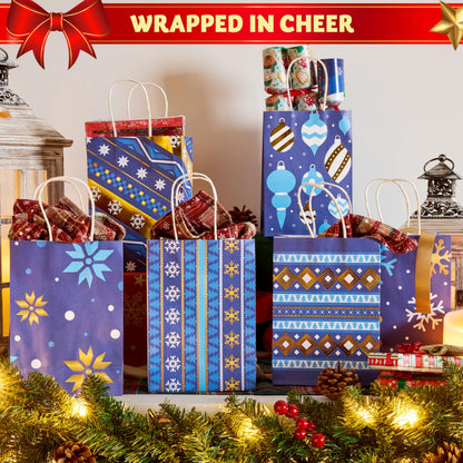 JOYIN 24 PCS Christmas Kraft Gift Bags Xmas Holiday Present Wrapping Paper Goody Bags with Handles for Classrooms and Wedding Decor, Party Favors and Decor Supplies (Blue, 8.27" x 5.91" x 3.15")