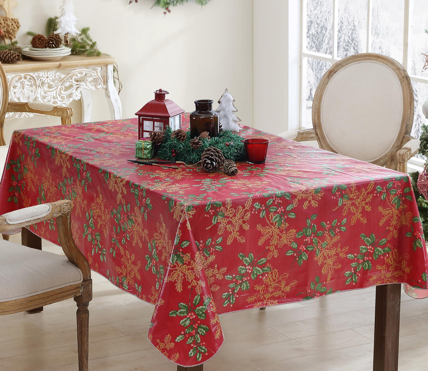 Newbridge Red Golden Holly Christmas Vinyl Tablecloth with Flannel Backing, Metallic Gold Holly & Berry Print, Wipe Clean Easy Care, 52 x 52 Inch Square