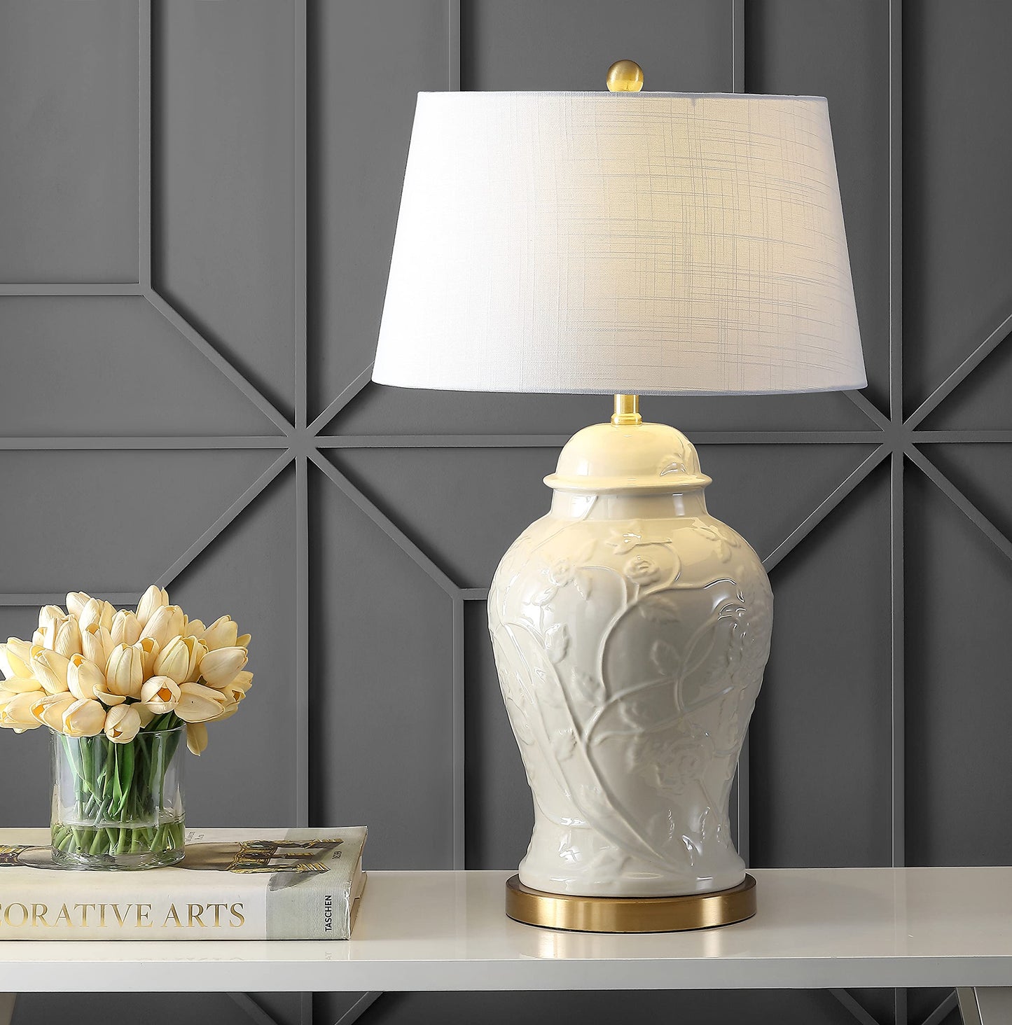 JONATHAN Y 29.5" Cream Ceramic Chinoiserie Table Lamp, Traditional Ginger Jar Lamp for Living Room Bedroom, White Linen Empire Shade, Brass Gold Base, LED Bulb Included JYL6604A