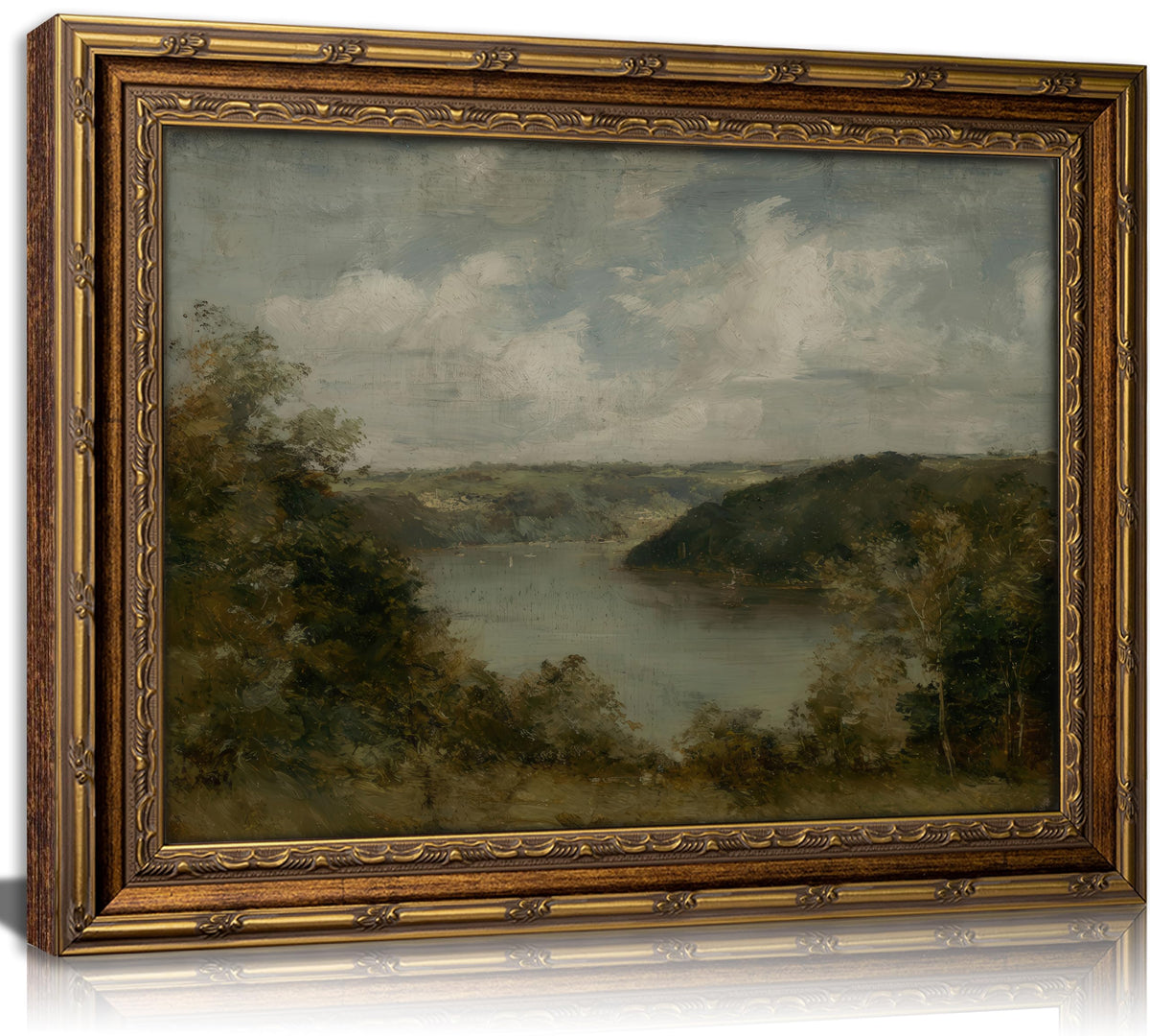 KKP Vintage Gold Framed Lake Wall Art, Gloomy River Painting Canvas Prints