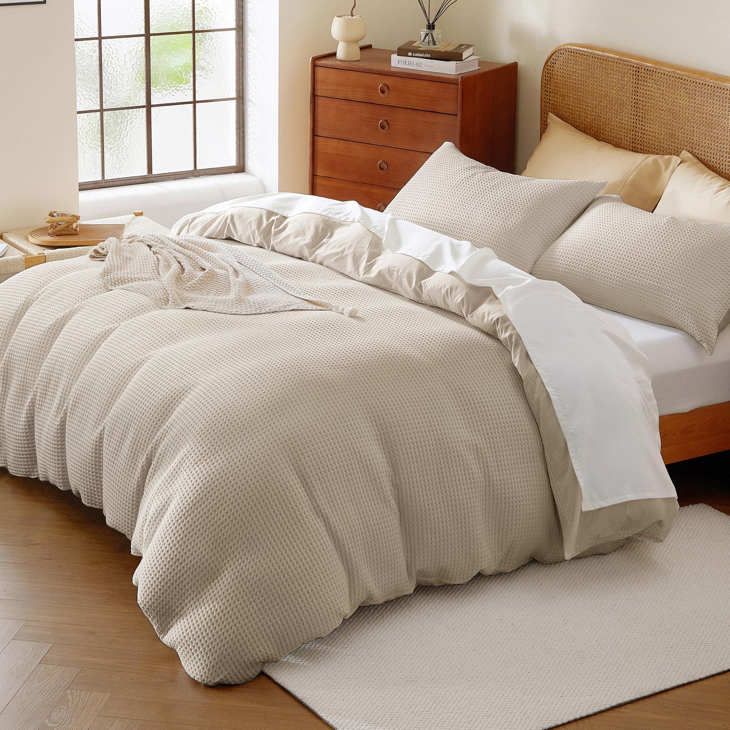100% Egyptian Cotton Duvet Cover Set Queen Size, Waffle Weave Duvet Cover, 600 TC Soft Breathable Luxury Bedding Set for All Season, 3 PCS, 1 Duvet Cover and 2 Pillowcases, Light Beige, 90"x90"