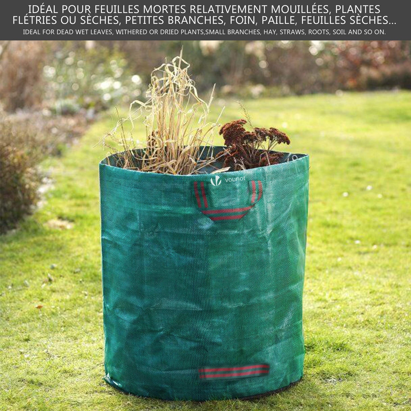 VOUNOT® Set of 3 Garden Waste Bags, 272 L Heavy Duty Reusable Garden Refuse Bags with Handles, Green