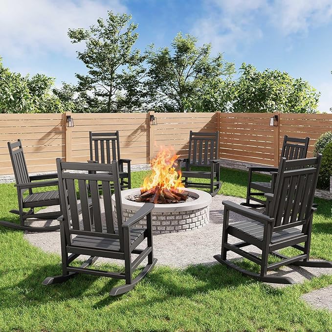 HDPE Rocking Chair Outdoor Set of 2 - Poly High Back Porch Rocker Chairs for Adults - All Weather Resistant Furniture for Patio Front Porch - Black