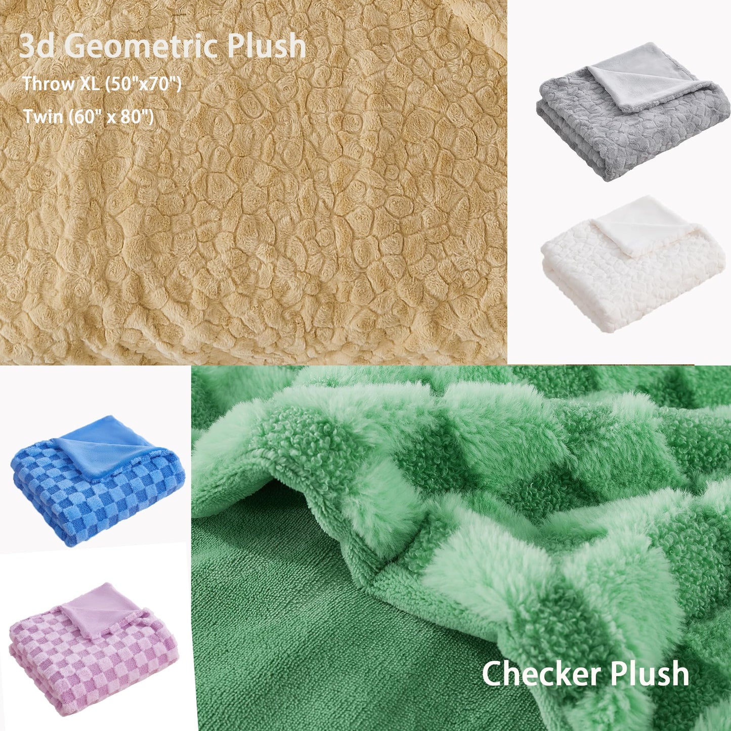 Luxury 3D Square Grid Faux Fur Throw Blanket – Reversible Soft Teddy Velvet & Flannel – Thick Warm Fuzzy Plush Blankets for Couch, Bed & Sofa – Machine Washable Gift for Women Throw 50x60 inches