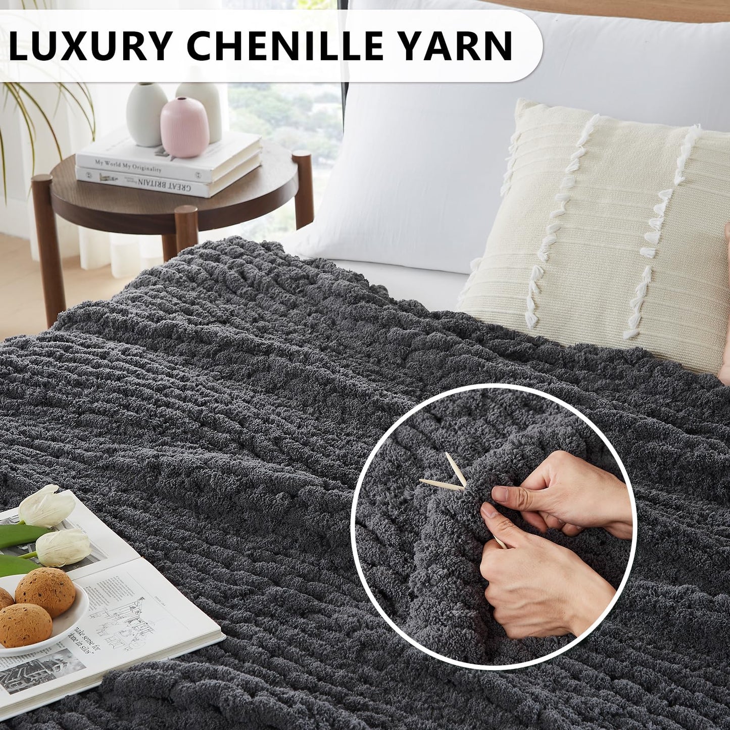 L'AGRATY Chunky Knit Blanket Throw - Soft Throw Blanket 60x80: 100% Hand Kintted Chenile Crochet Throw Blanket for Couch - Large Cable Knit Blanket for Home Decor(Dark Grey)