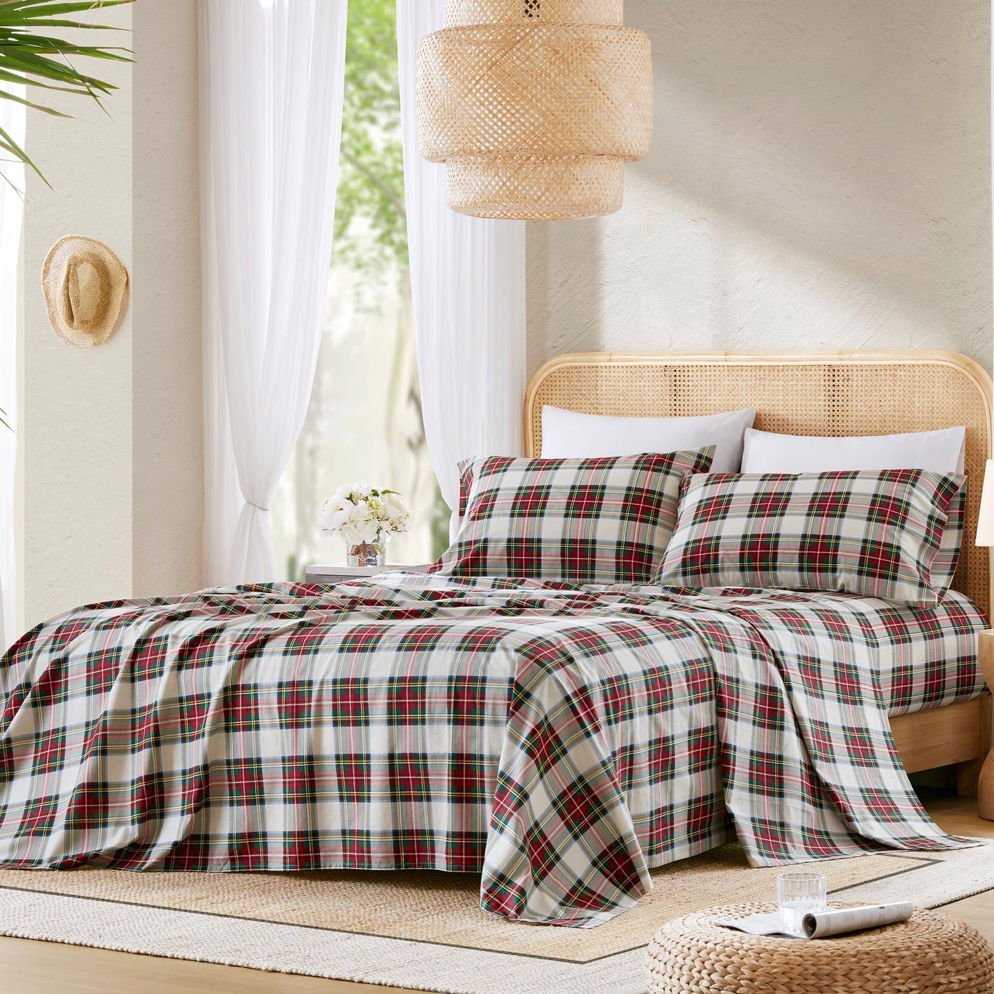Comfort Spaces 100% Cotton Sheets King, Breathable, Naturally Cool Cotton Sheets, Cotton Bed Sheets with 14" Elastic Pocket Fits up to 16" Mattress, All Seasons Sheet Set, Scottish Plaid Red 4 Piece