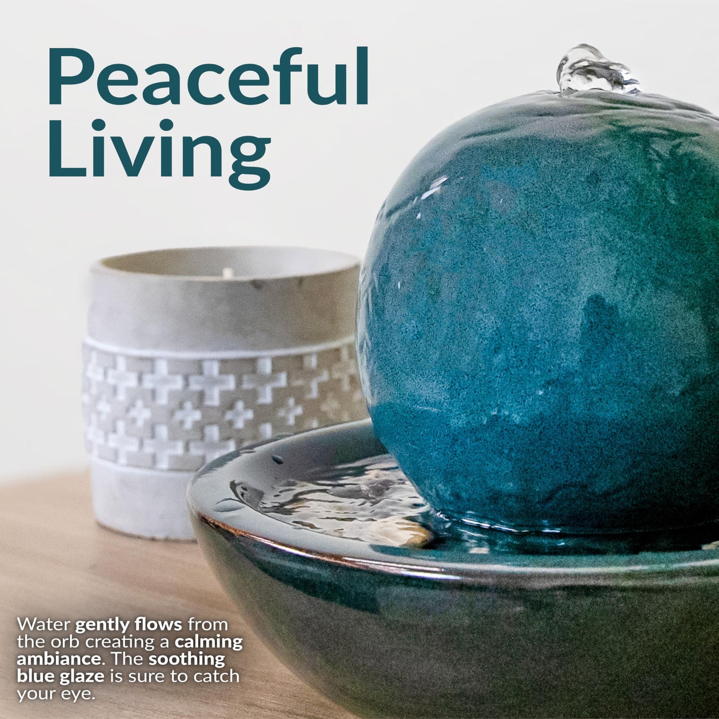 Sunnydaze Tabletop Ceramic Tabletop Fountain with Orb - Relaxing Indoor Fountain for Meditation - for Office, Bedroom, or Living Room - Teal