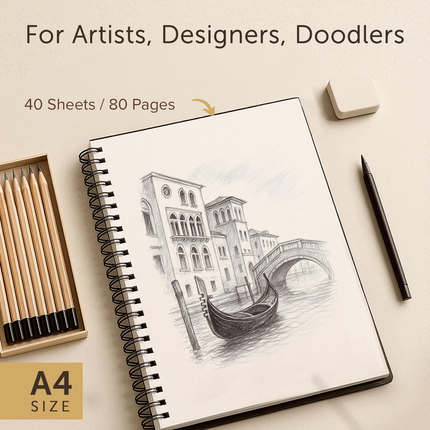 A4 Sketchbook for Artists Hardcover – 200GSM Very Thick Paper – Large Sketch Pad Art Book, Spiral Bound Book for Children – Drawing Book 21.6x28cm, 40 Sheets / 80 Pages
