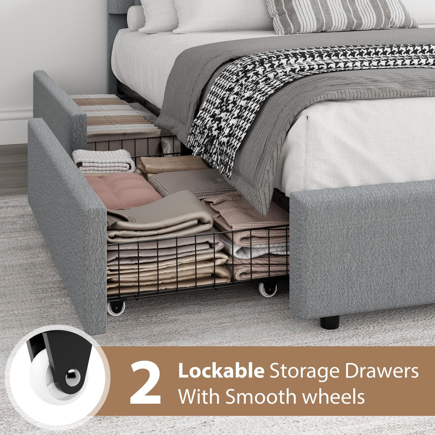 Garvee Queen Size Bed Frame with Storage Drawers, Upholstered Boucle Platform Bed with Round Headboard, Heavy Duty & Noise Free, No Box Spring Needed, Grey